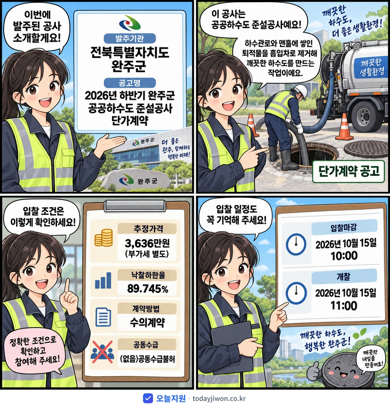4컷 만화로 보는 공고: 전북특별자치도 완주군 '하반기 완주군 공공하수도 준설공사 단가계약', 추정가격 3,636만원, 입찰 마감 10/15 10:00