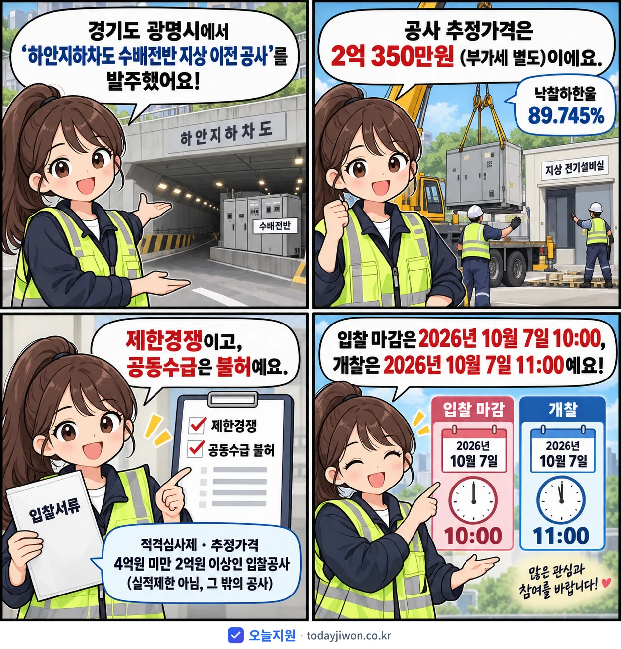4컷 만화로 보는 공고: 경기도 광명시 '하안지하차도 수배전반 지상 이전 공사', 추정가격 2억 350만원, 입찰 마감 10/7 10:00