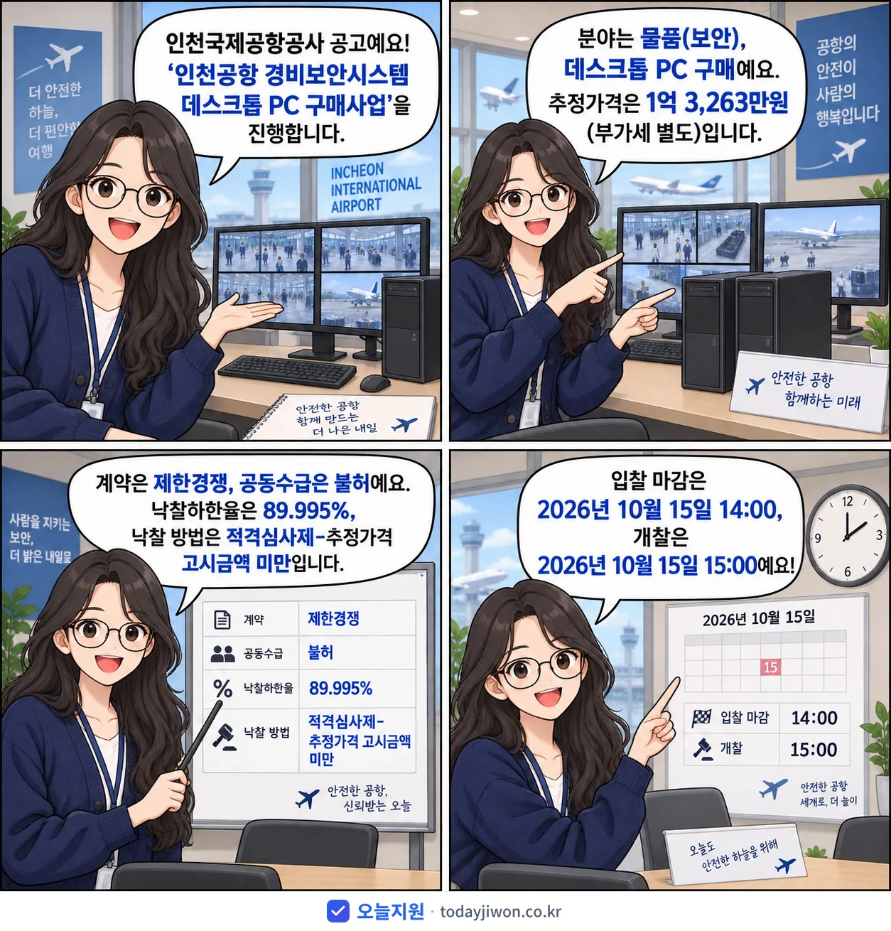 4컷 만화로 보는 공고: 인천국제공항공사 '인천공항 경비보안시스템 데스크톱 PC 구매사업', 추정가격 1억 3,263만원, 입찰 마감 10/15 14:00