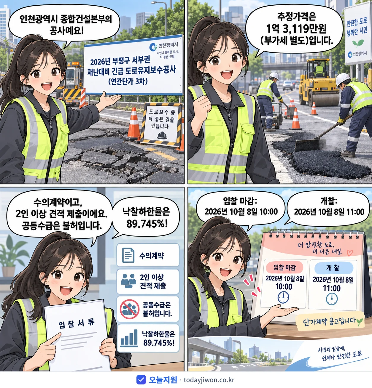 4컷 만화로 보는 공고: 인천광역시 종합건설본부 '부평구 서부권 재난대비 긴급 도로유지보수공사(연간단가 3차)', 추정가격 1억 3,119만원, 입찰 마감 10/8 10:00