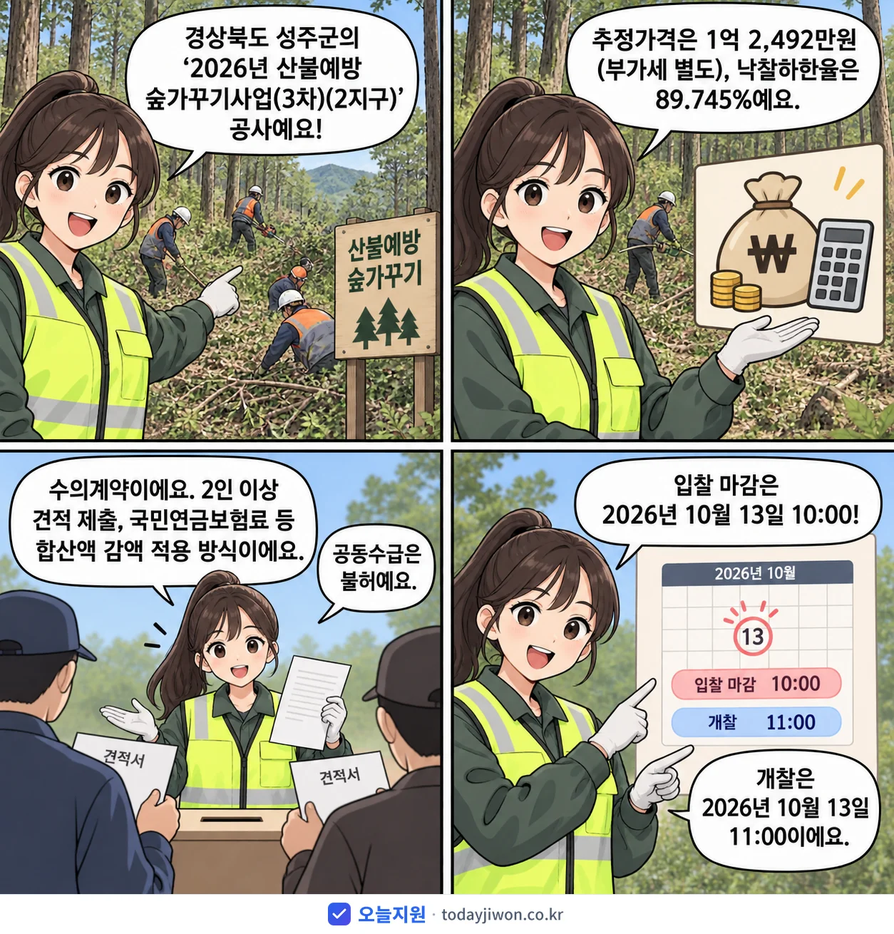 4컷 만화로 보는 공고: 경상북도 성주군 '산불예방 숲가꾸기사업(3차)(2지구)', 추정가격 1억 2,492만원, 입찰 마감 10/13 10:00