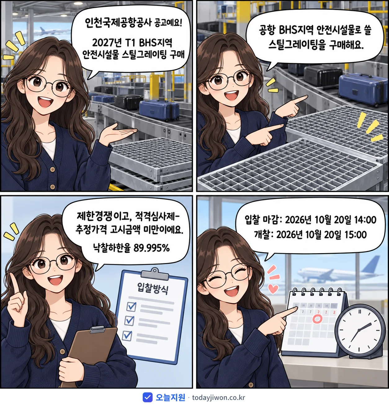 4컷 만화로 보는 공고: 인천국제공항공사 'T1 BHS지역 안전시설물 스틸그레이팅 구매', 추정가격 1억 6,335만원, 입찰 마감 10/20 14:00
