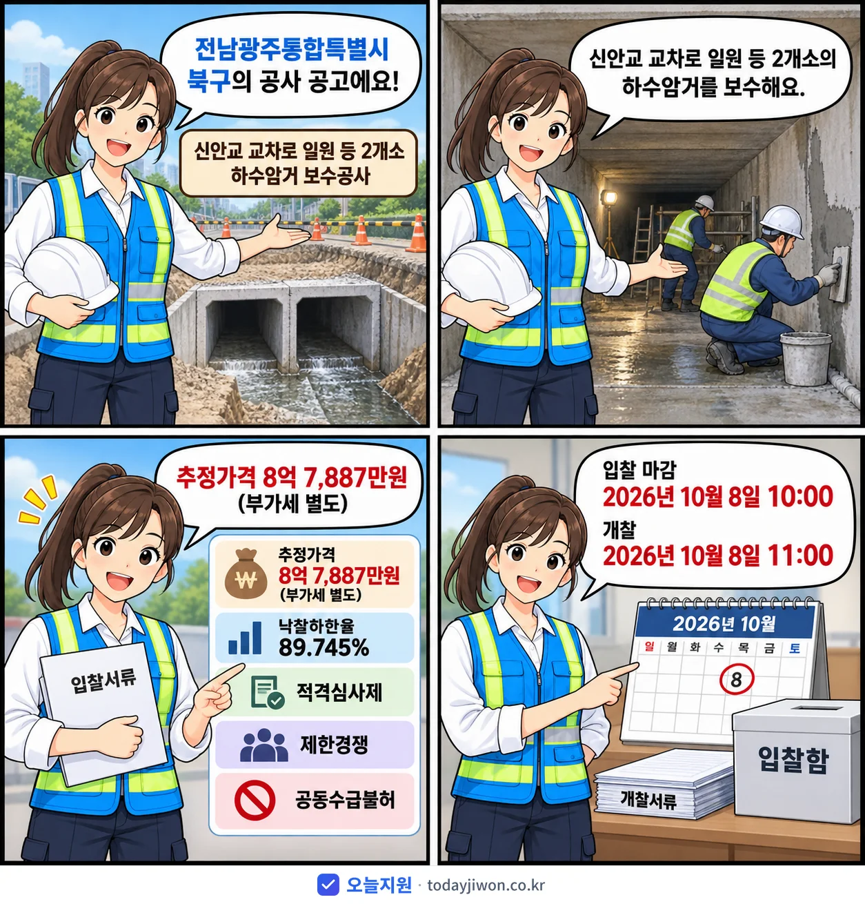 4컷 만화로 보는 공고: 전남광주통합특별시 북구 '신안교 교차로 일원 등 2개소 하수암거 보수공사', 추정가격 8억 7,887만원, 입찰 마감 10/8 10:00
