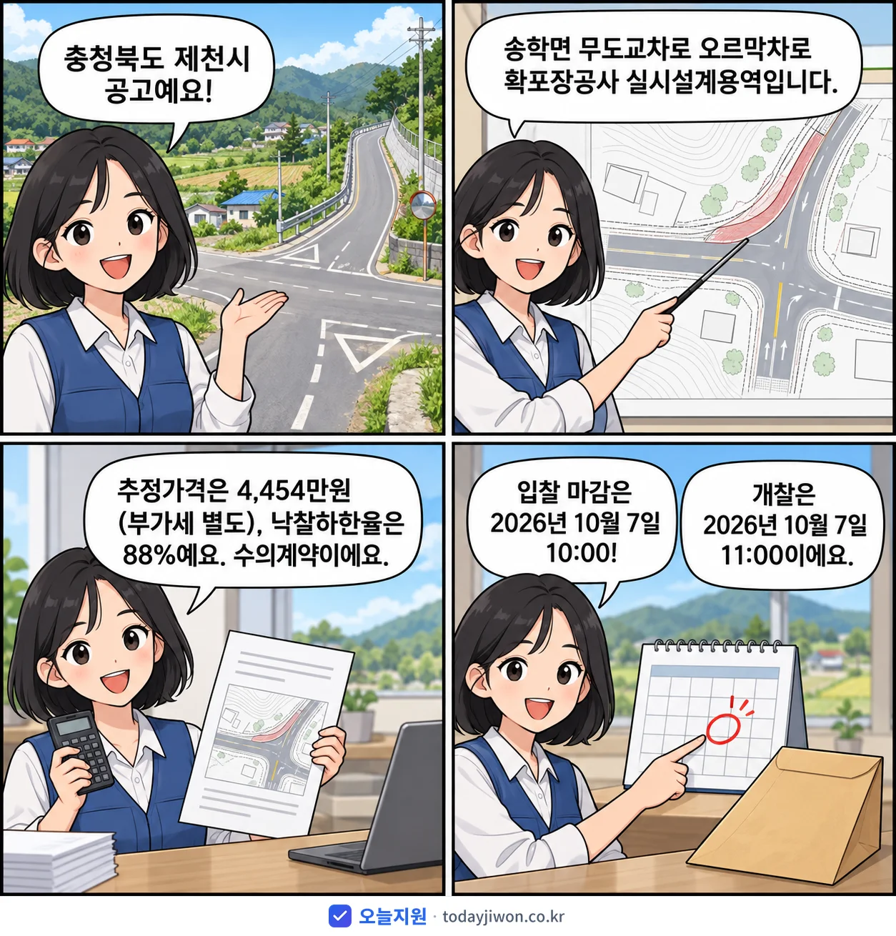 4컷 만화로 보는 공고: 충청북도 제천시 '송학면 무도교차로 오르막차로 확포장공사 실시설계용역', 추정가격 4,454만원, 입찰 마감 10/7 10:00