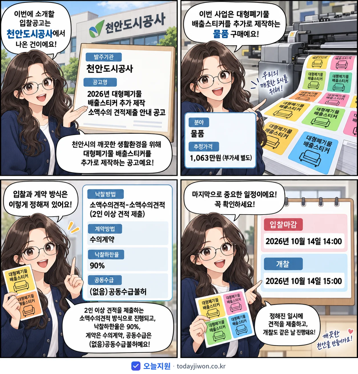 4컷 만화로 보는 공고: 천안도시공사 '대형폐기물 배출스티커 추가 제작 소액수의 견적제출 안내 공고', 추정가격 1,063만원, 입찰 마감 10/14 14:00