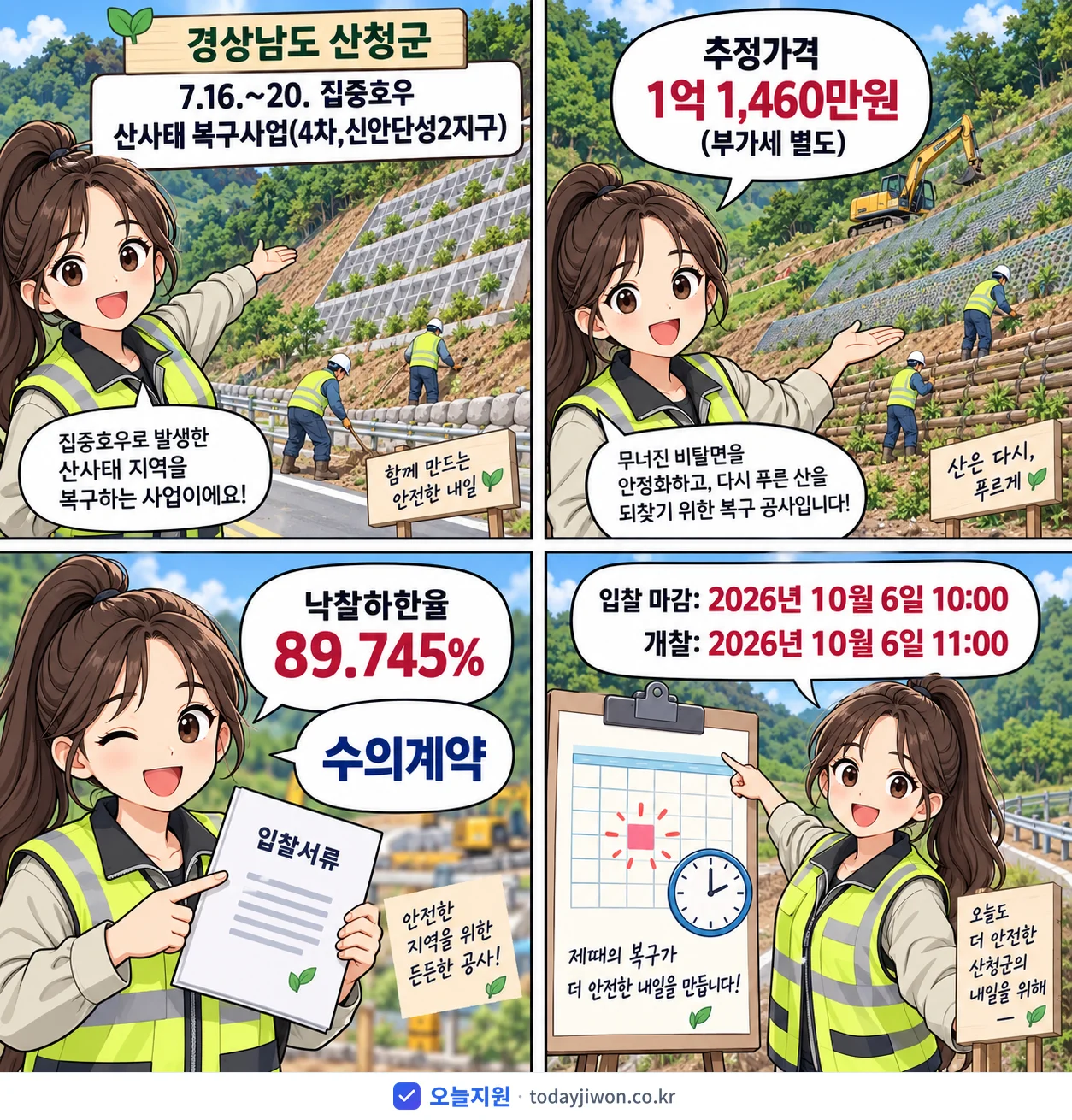 4컷 만화로 보는 공고: 경상남도 산청군 '7.16.~20. 집중호우 산사태 복구사업(4차,신안단성2지구)', 추정가격 1억 1,460만원, 입찰 마감 10/6 10:00