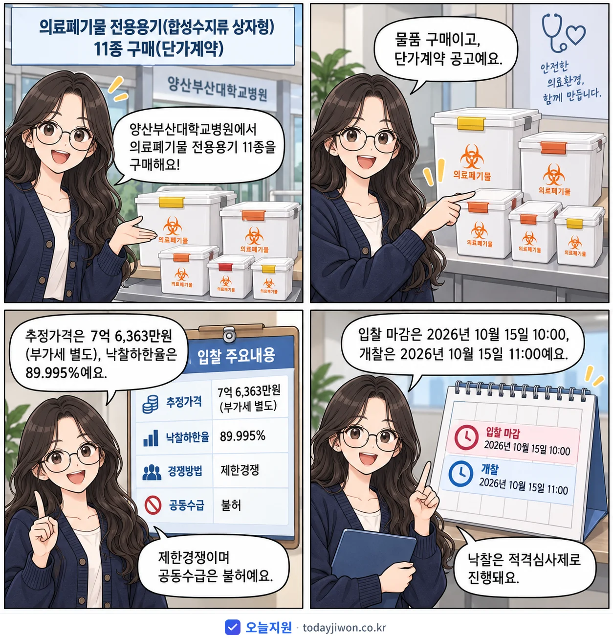 4컷 만화로 보는 공고: 양산부산대학교병원 '의료폐기물 전용용기(합성수지류 상자형) 11종 구매', 추정가격 7억 6,363만원, 입찰 마감 10/15 10:00