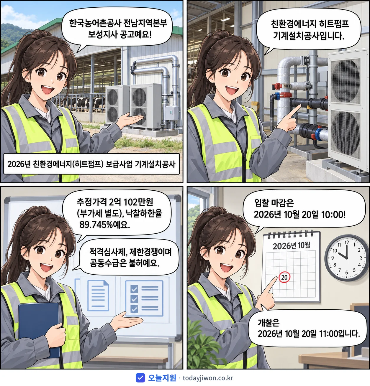 4컷 만화로 보는 공고: 한국농어촌공사 전남지역본부 보성지사 '친환경에너지(히트펌프) 보급사업 기계설치공사', 추정가격 2억 102만원, 입찰 마감 10/20 10:00
