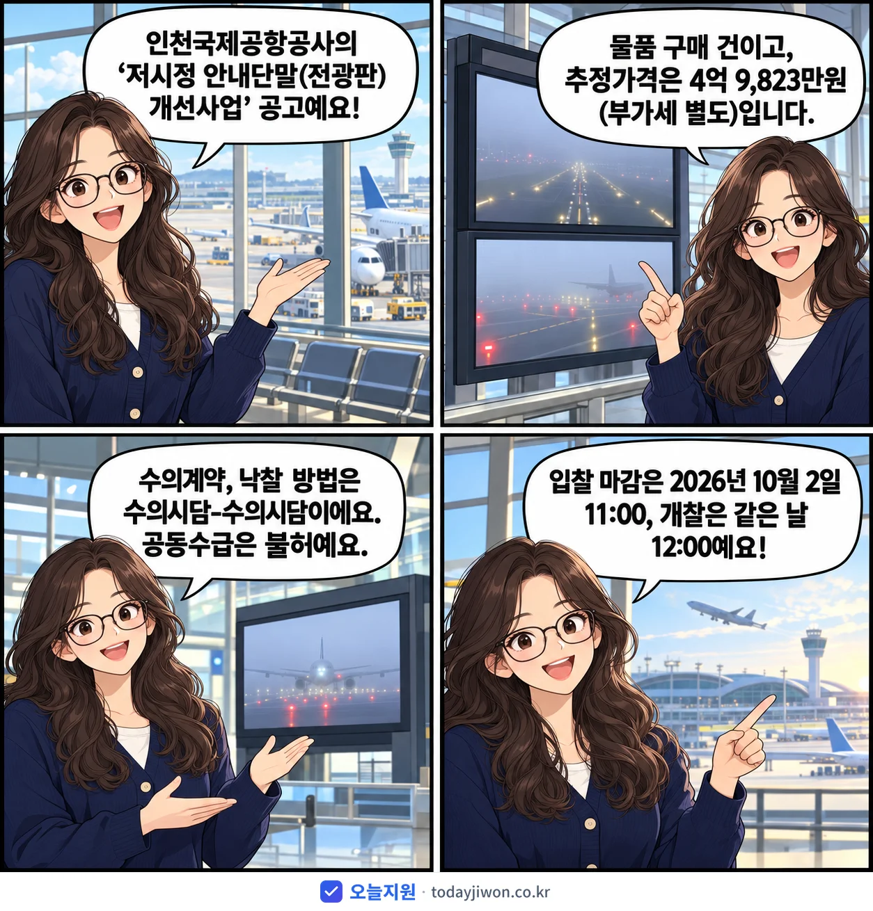4컷 만화로 보는 공고: 인천국제공항공사 '저시정 안내단말(전광판) 개선사업', 추정가격 4억 9,823만원, 입찰 마감 10/2 11:00