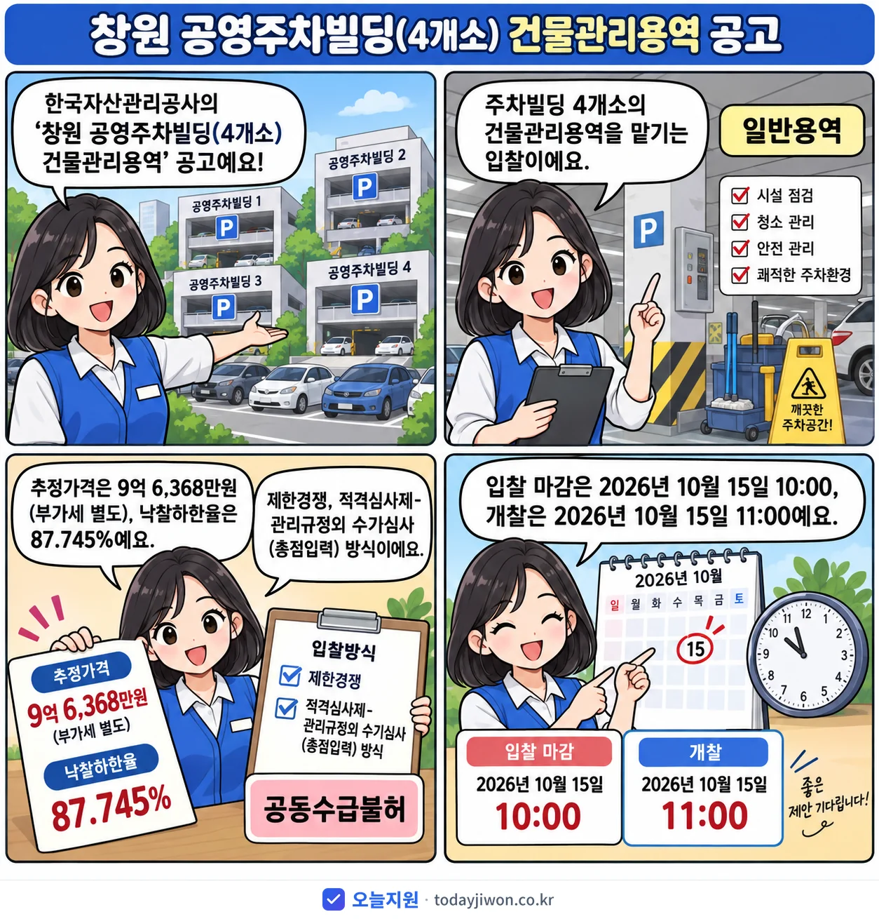 4컷 만화로 보는 공고: 한국자산관리공사 '창원 공영주차빌딩(4개소) 건물관리용역', 추정가격 9억 6,368만원, 입찰 마감 10/15 10:00