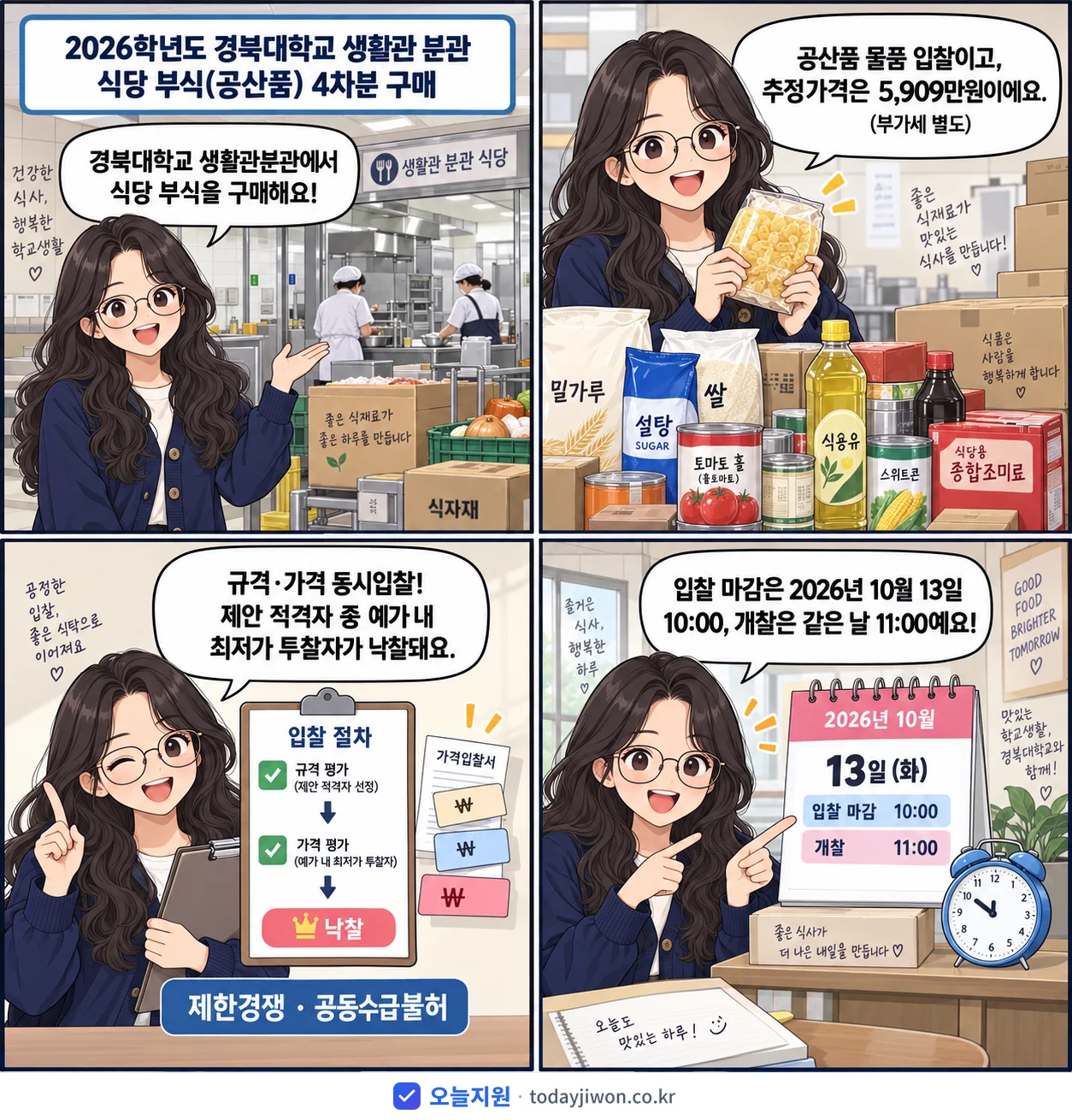 4컷 만화로 보는 공고: 경북대학교 생활관분관 '학년도 경북대학교 생활관 분관 식당 부식(공산품) 4차분 구매', 추정가격 5,909만원, 입찰 마감 10/13 10:00