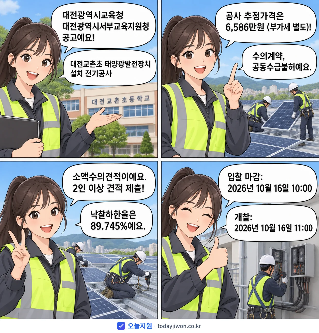 4컷 만화로 보는 공고: 대전광역시교육청 대전광역시서부교육지원청 '대전교촌초 태양광발전장치 설치 전기공사', 추정가격 6,586만원, 입찰 마감 10/16 10:00