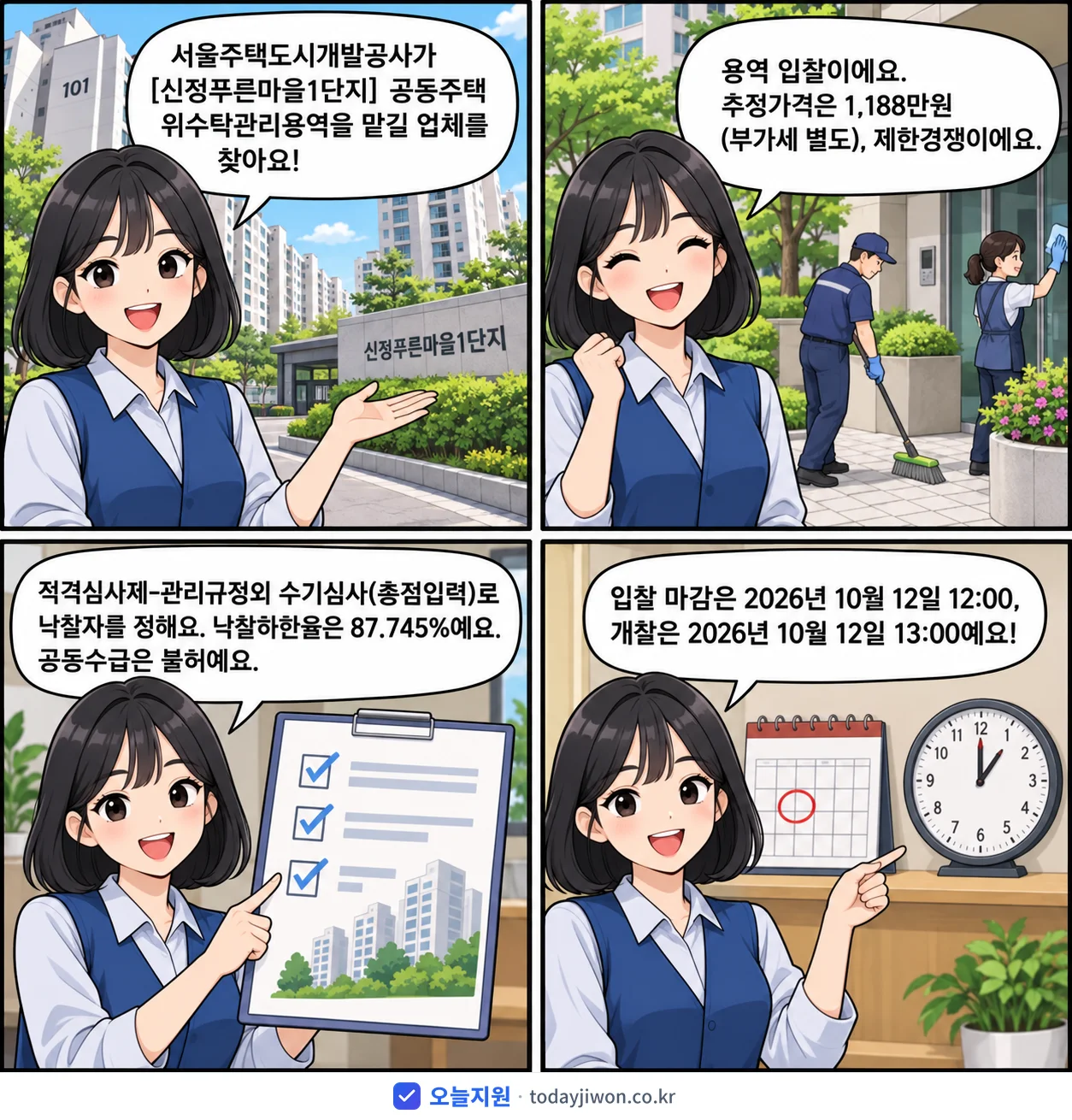 4컷 만화로 보는 공고: 서울주택도시개발공사 '공동주택 위수탁관리용역 입찰 의뢰', 추정가격 1,188만원, 입찰 마감 10/12 12:00