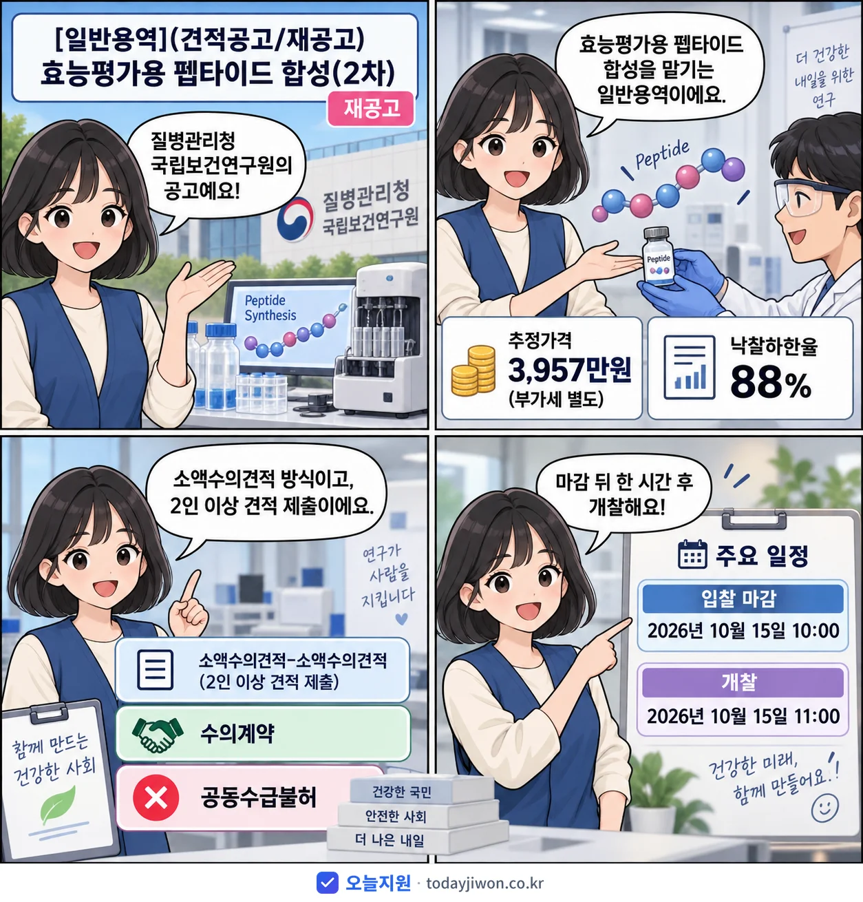 4컷 만화로 보는 공고: 질병관리청 국립보건연구원 '(견적공고/재공고)효능평가용 펩타이드 합성(2차)', 추정가격 3,957만원, 입찰 마감 10/15 10:00