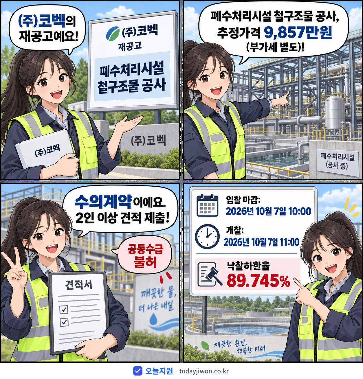 4컷 만화로 보는 공고: (주)코벡 '폐수처리시설 철구조물 공사', 추정가격 9,857만원, 입찰 마감 10/7 10:00