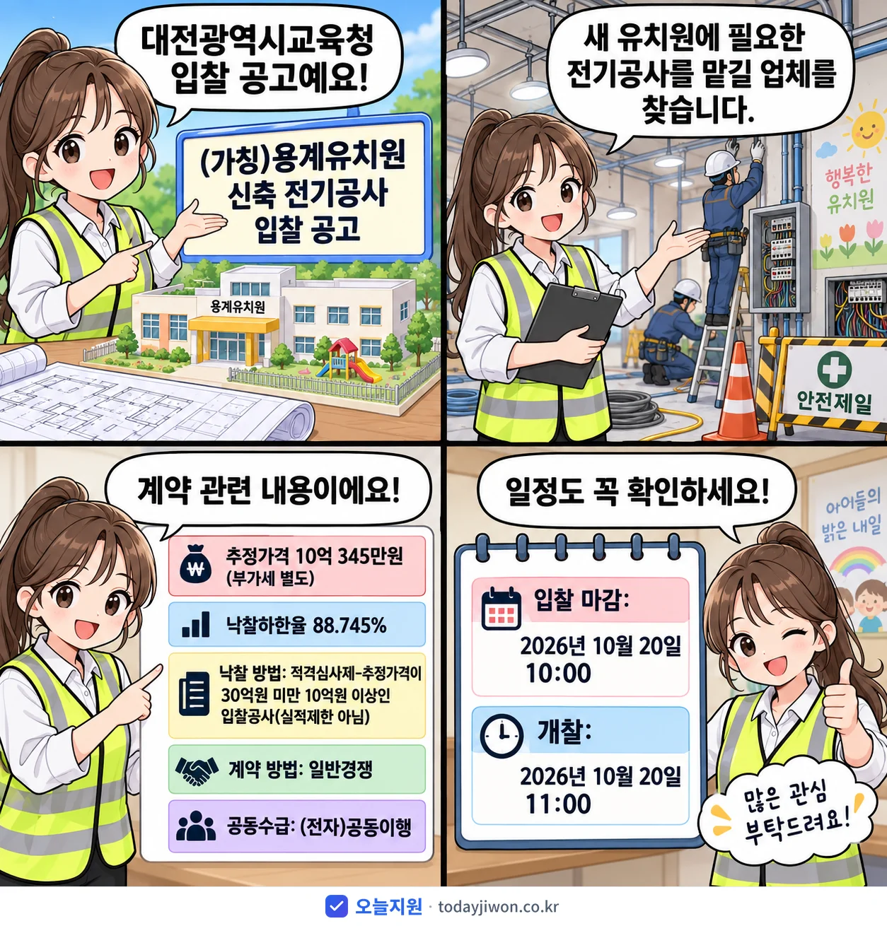 4컷 만화로 보는 공고: 대전광역시교육청 '(가칭)용계유치원 신축 전기공사 입찰 공고', 추정가격 10억 345만원, 입찰 마감 10/20 10:00