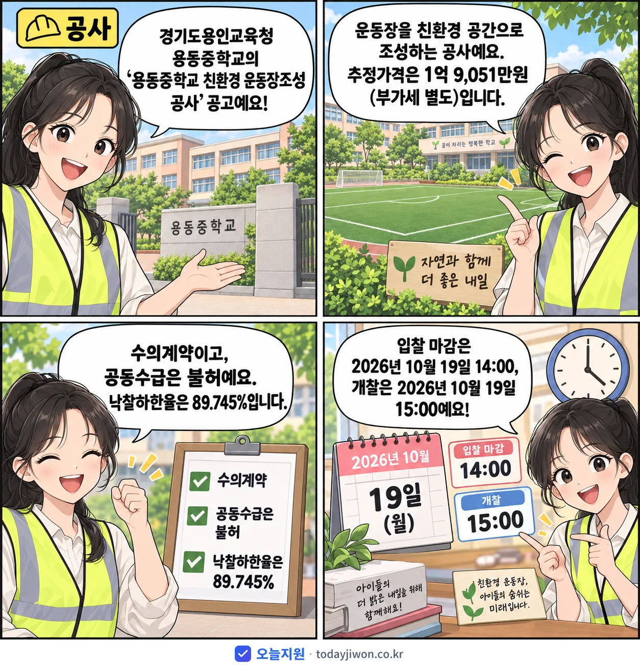 4컷 만화로 보는 공고: 경기도용인교육청 용동중학교 '용동중학교 친환경 운동장조성 공사', 추정가격 1억 9,051만원, 입찰 마감 10/19 14:00