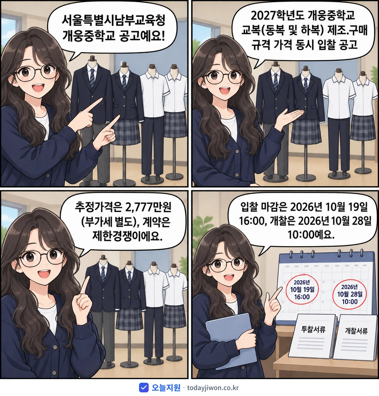 4컷 만화로 보는 공고: 서울특별시남부교육청 개웅중학교 '학년도 개웅중학교 교복(동복 및 하복) 제조.구매 규격 가격 동시 입찰…', 추정가격 2,777만원, 입찰 마감 10/19 16:00