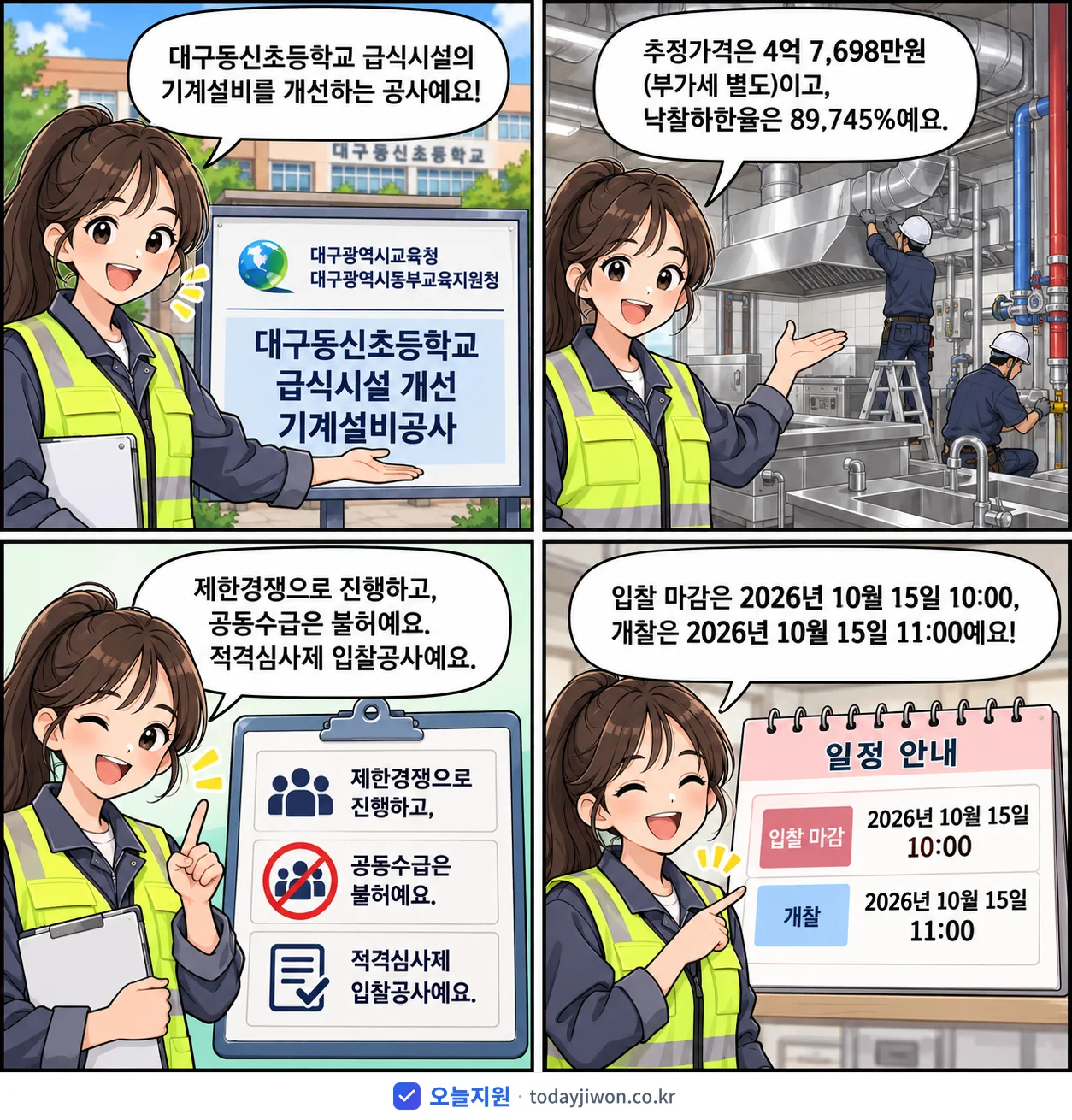 4컷 만화로 보는 공고: 대구광역시교육청 대구광역시동부교육지원청 '대구동신초등학교 급식시설 개선 기계설비공사', 추정가격 4억 7,698만원, 입찰 마감 10/15 10:00