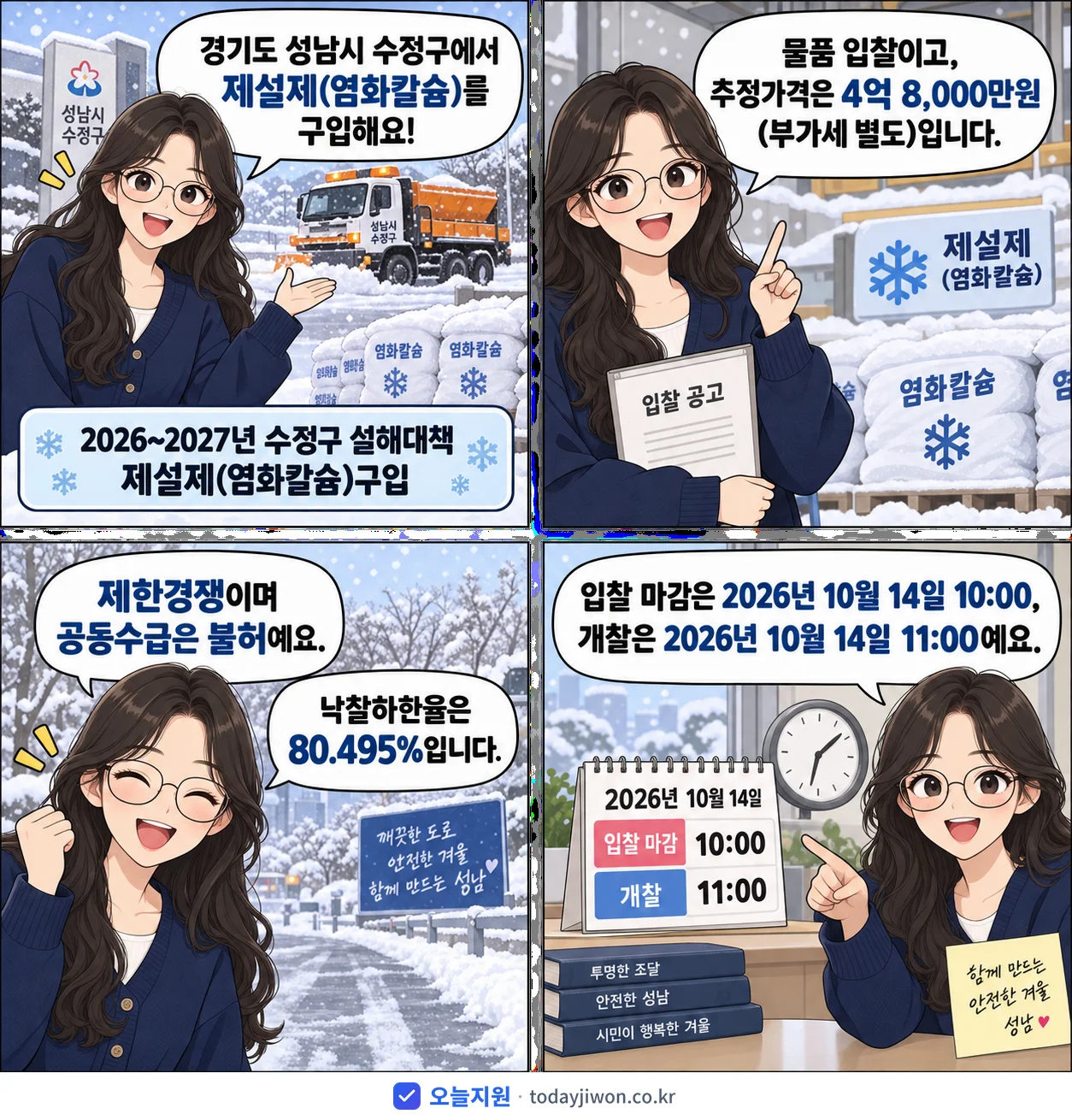 4컷 만화로 보는 공고: 경기도 성남시 수정구 '~2027년 수정구 설해대책 제설제(염화칼슘)구입', 추정가격 4억 8,000만원, 입찰 마감 10/14 10:00