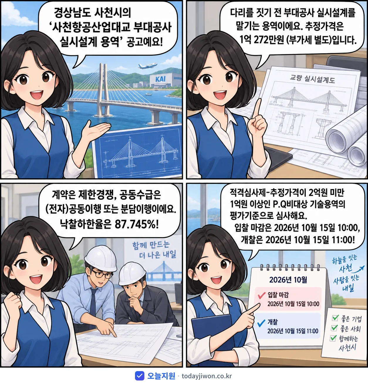 4컷 만화로 보는 공고: 경상남도 사천시 '사천항공산업대교 부대공사 실시설계 용역', 추정가격 1억 272만원, 입찰 마감 10/15 10:00