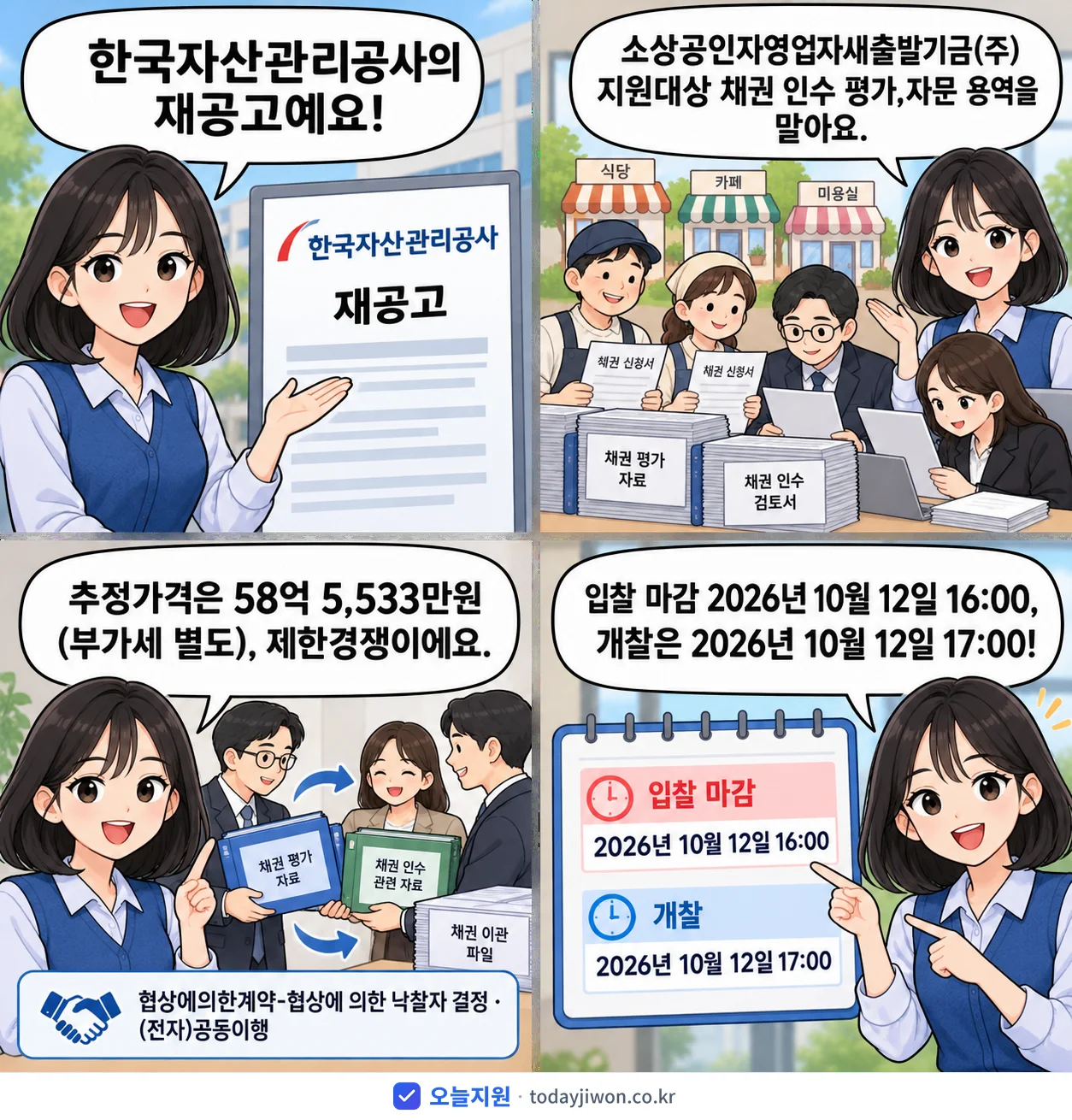 4컷 만화로 보는 공고: 한국자산관리공사 '소상공인자영업자새출발기금(주) 지원대상 채권 인수 평가,자문 용역', 추정가격 58억 5,533만원, 입찰 마감 10/12 16:00