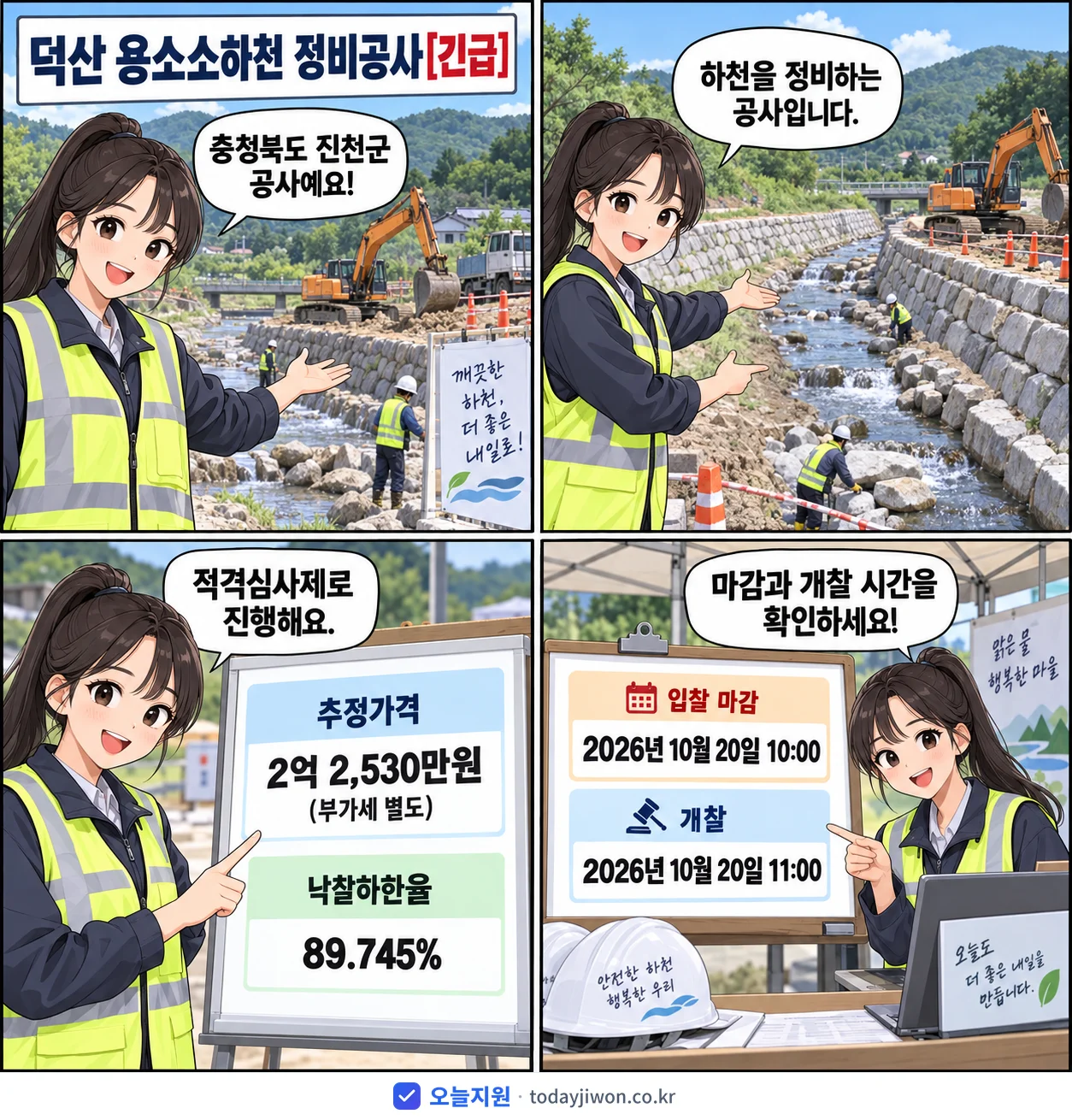 4컷 만화로 보는 공고: 충청북도 진천군 '덕산 용소소하천 정비공사', 추정가격 2억 2,530만원, 입찰 마감 10/20 10:00