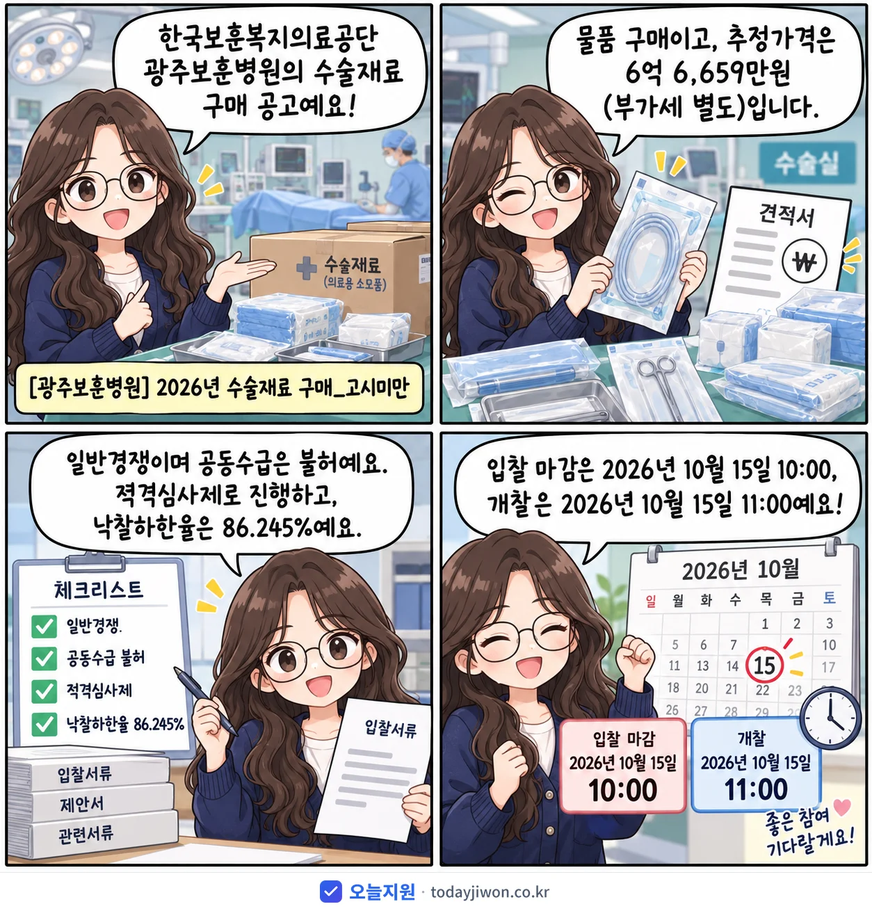 4컷 만화로 보는 공고: 한국보훈복지의료공단 광주보훈병원 '수술재료 구매_고시미만', 추정가격 6억 6,659만원, 입찰 마감 10/15 10:00