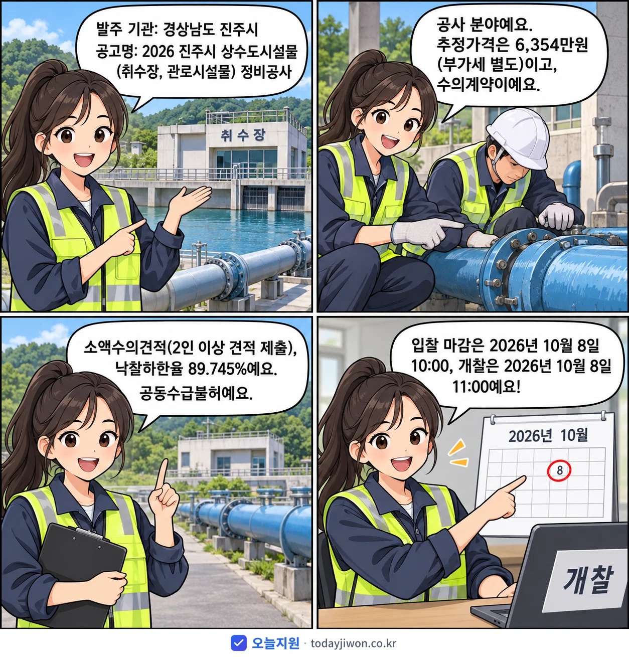 4컷 만화로 보는 공고: 경상남도 진주시 '진주시 상수도시설물(취수장, 관로시설물) 정비공사', 추정가격 6,354만원, 입찰 마감 10/8 10:00