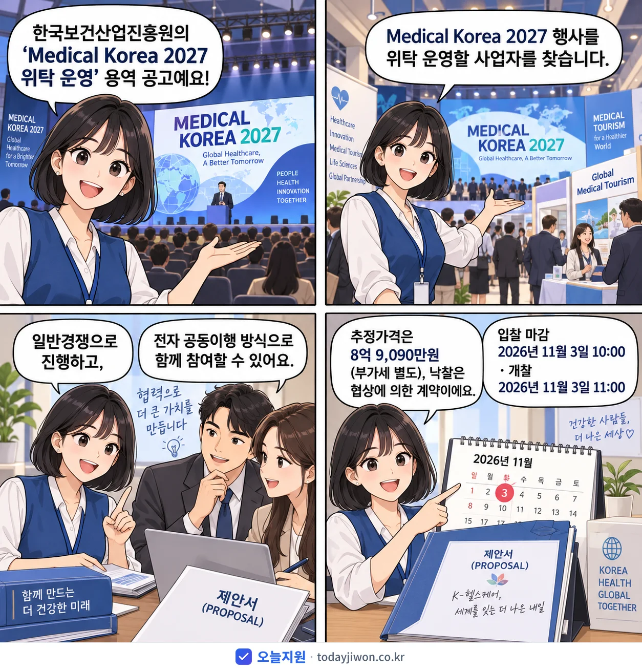 4컷 만화로 보는 공고: 한국보건산업진흥원 'Medical Korea 2027 위탁 운영', 추정가격 8억 9,090만원, 입찰 마감 11/3 10:00