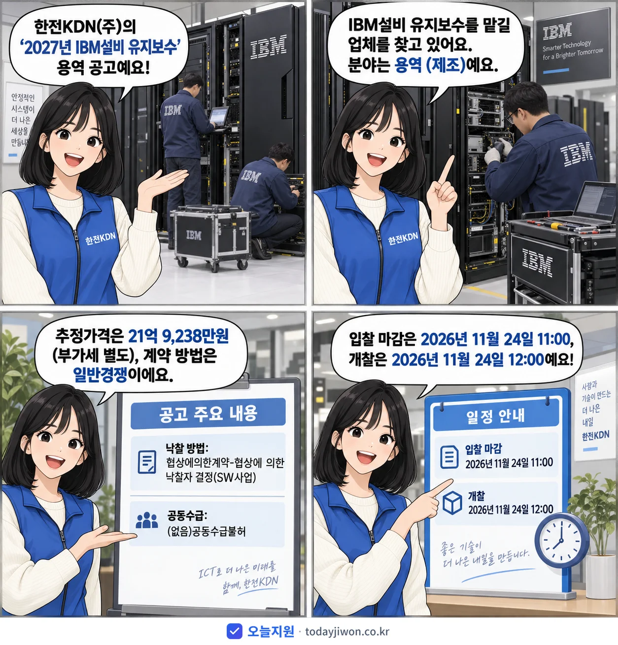 4컷 만화로 보는 공고: 한전KDN(주) 'IBM설비 유지보수', 추정가격 21억 9,238만원, 입찰 마감 11/24 11:00