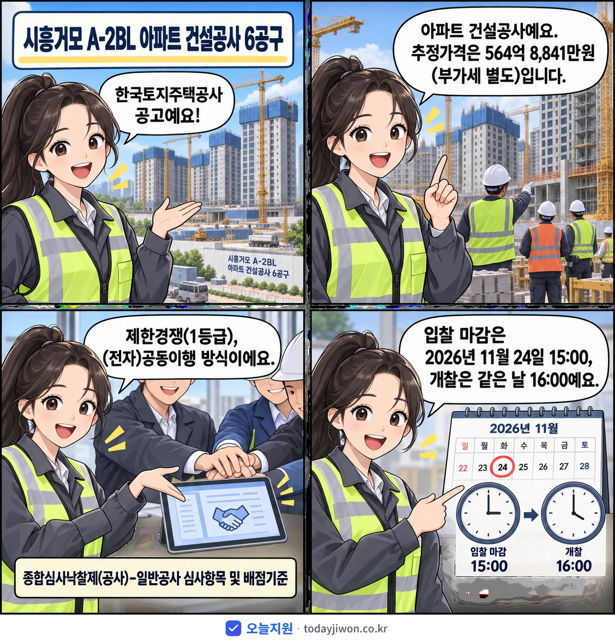 4컷 만화로 보는 공고: 한국토지주택공사 '시흥거모 A-2BL 아파트 건설공사 6공구', 추정가격 564억 8,841만원, 입찰 마감 11/24 15:00