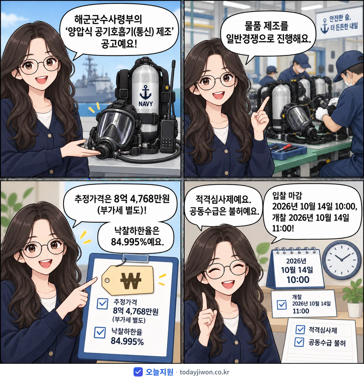 4컷 만화로 보는 공고: 해군군수사령부 '양압식 공기호흡기(통신) 제조', 추정가격 8억 4,768만원, 입찰 마감 10/14 10:00