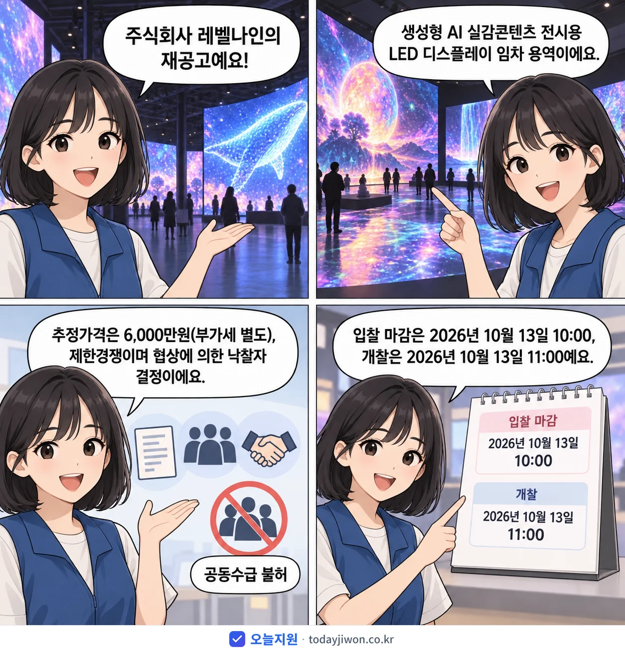 4컷 만화로 보는 공고: 주식회사 레벨나인 '생성형 AI 실감콘텐츠 전시용 LED 디스플레이 임차 용역', 추정가격 6,000만원, 입찰 마감 10/13 10:00