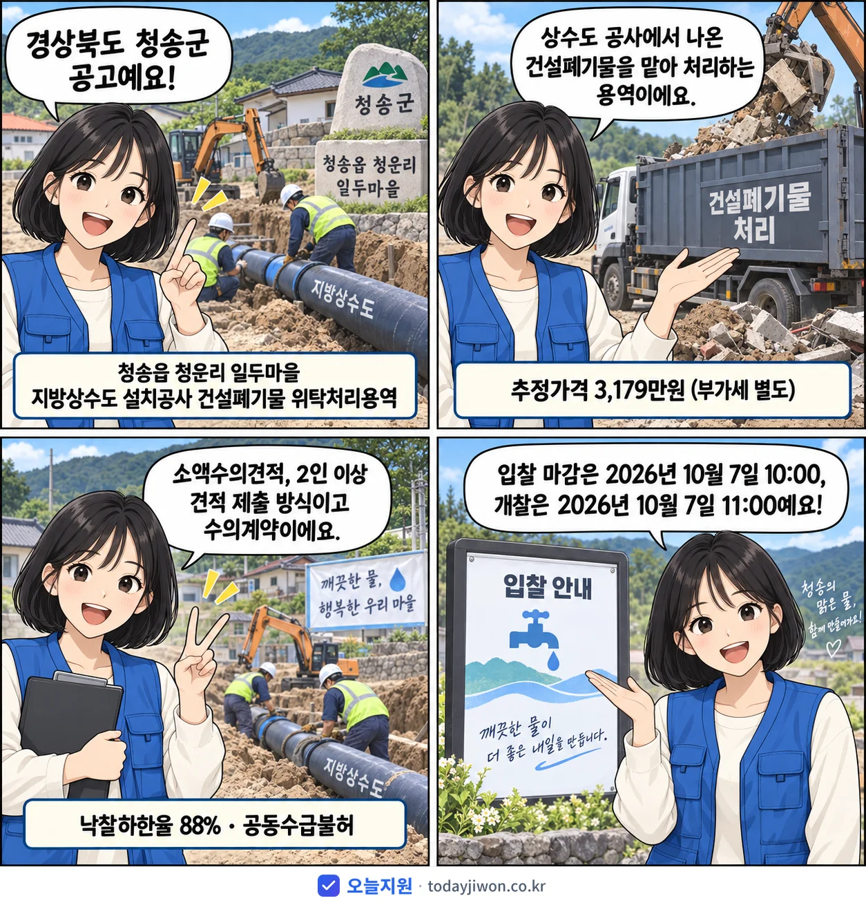 4컷 만화로 보는 공고: 경상북도 청송군 '청송읍 청운리 일두마을 지방상수도 설치공사 건설폐기물 위탁처리용역', 추정가격 3,179만원, 입찰 마감 10/7 10:00