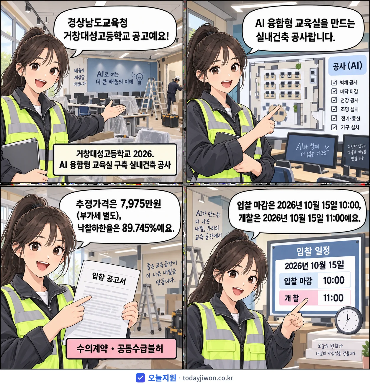 4컷 만화로 보는 공고: 경상남도교육청 거창대성고등학교 '거창대성고등학교 2026. AI 융합형 교육실 구축 실내건축 공사', 추정가격 7,975만원, 입찰 마감 10/15 10:00