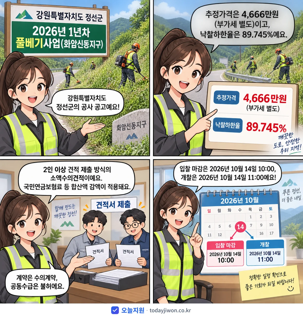 4컷 만화로 보는 공고: 강원특별자치도 정선군 '1년차 풀베기사업(화암신동지구)', 추정가격 4,666만원, 입찰 마감 10/14 10:00