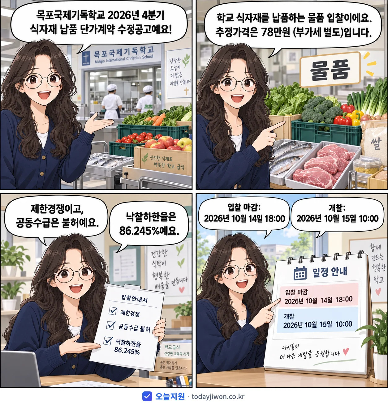 4컷 만화로 보는 공고: 목포국제기독학교 '목포국제기독학교 2026년 4분기 식자재 납품 단가계약 수정공고', 추정가격 78만원, 입찰 마감 10/14 18:00
