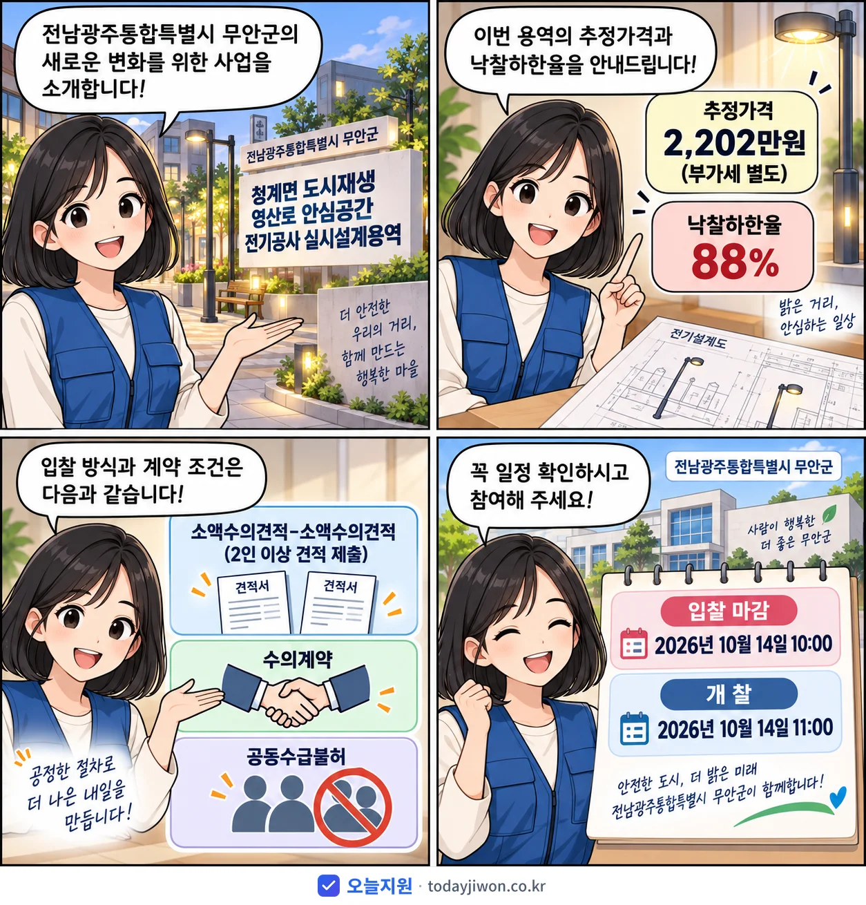 4컷 만화로 보는 공고: 전남광주통합특별시 무안군 '청계면 도시재생 영산로 안심공간 전기공사 실시설계용역', 추정가격 2,202만원, 입찰 마감 10/14 10:00
