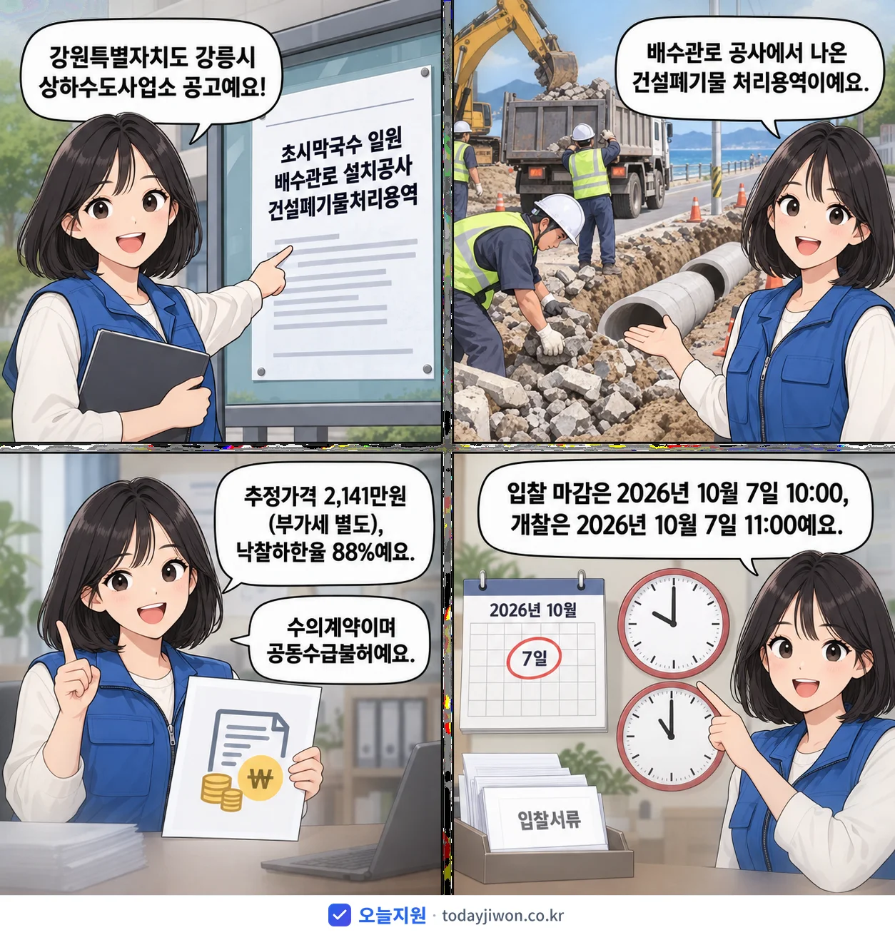 4컷 만화로 보는 공고: 강원특별자치도 강릉시 상하수도사업소 '초시막국수 일원 배수관로 설치공사 건설폐기물처리용역', 추정가격 2,141만원, 입찰 마감 10/7 10:00