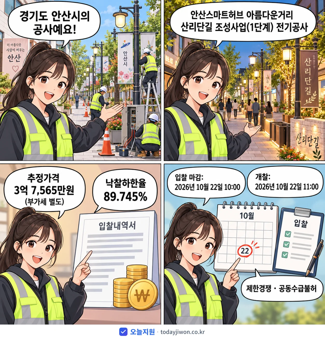4컷 만화로 보는 공고: 경기도 안산시 '안산스마트허브 아름다운거리 산리단길 조성사업(1단계) 전기공사', 추정가격 3억 7,565만원, 입찰 마감 10/22 10:00
