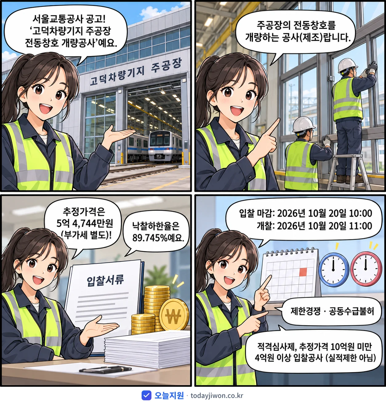 4컷 만화로 보는 공고: 서울교통공사 '고덕차량기지 주공장 전동창호 개량공사', 추정가격 5억 4,744만원, 입찰 마감 10/20 10:00