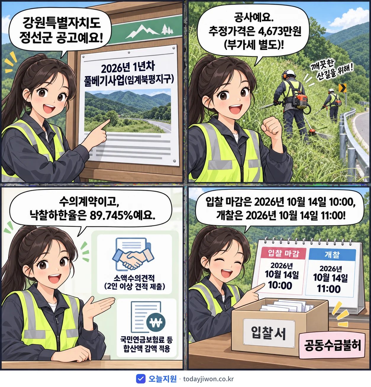 4컷 만화로 보는 공고: 강원특별자치도 정선군 '1년차 풀베기사업(임계북평지구)', 추정가격 4,673만원, 입찰 마감 10/14 10:00