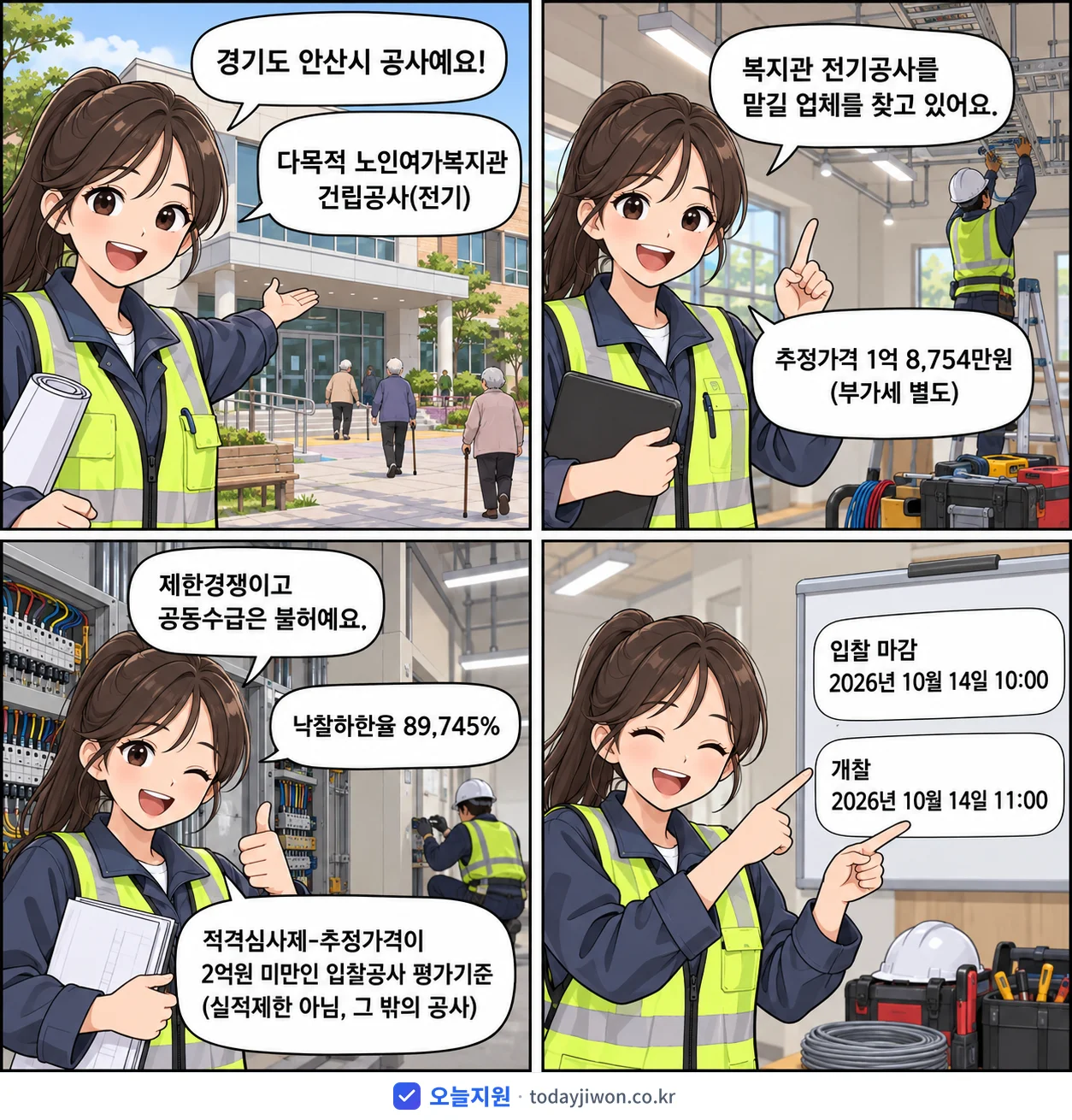 4컷 만화로 보는 공고: 경기도 안산시 '다목적 노인여가복지관 건립공사(전기)', 추정가격 1억 8,754만원, 입찰 마감 10/14 10:00