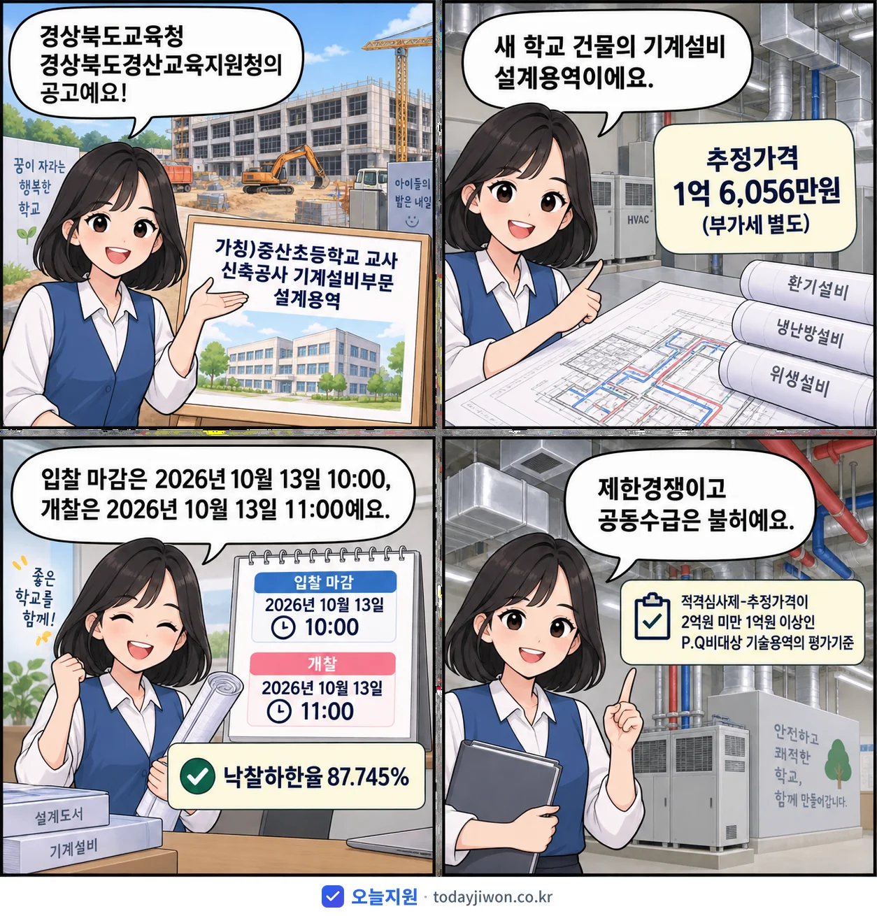 4컷 만화로 보는 공고: 경상북도교육청 경상북도경산교육지원청 '가칭)중산초등학교 교사 신축공사 기계설비부문 설계용역', 추정가격 1억 6,056만원, 입찰 마감 10/13 10:00