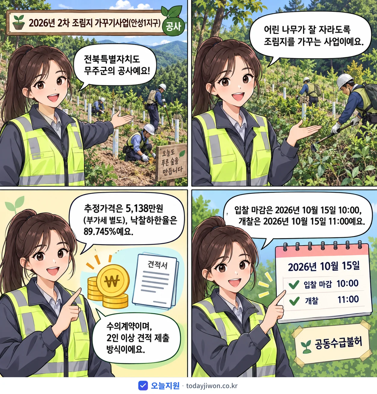 4컷 만화로 보는 공고: 전북특별자치도 무주군 '2차 조림지 가꾸기사업(안성1지구)', 추정가격 5,138만원, 입찰 마감 10/15 10:00