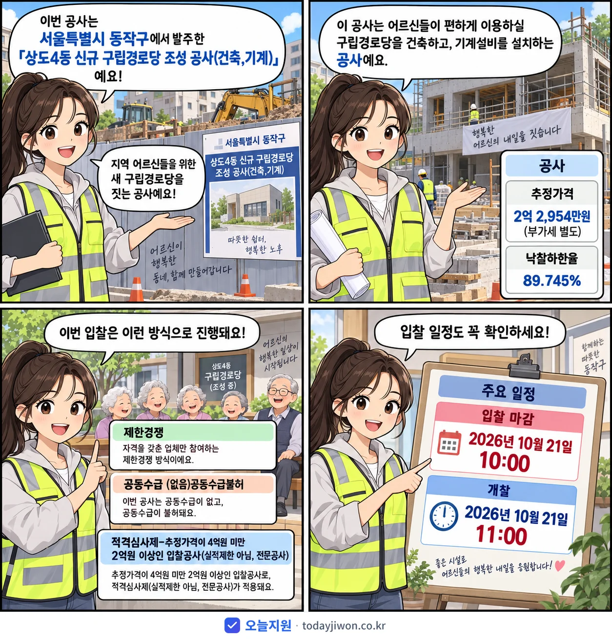 4컷 만화로 보는 공고: 서울특별시 동작구 '상도4동 신규 구립경로당 조성 공사(건축,기계)', 추정가격 2억 2,954만원, 입찰 마감 10/21 10:00
