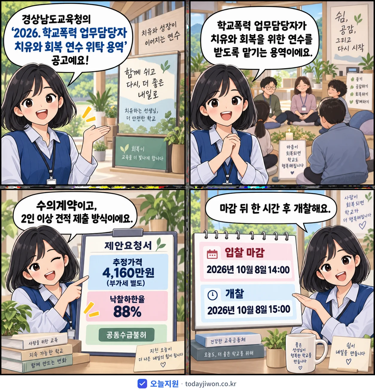 4컷 만화로 보는 공고: 경상남도교육청 '. 학교폭력 업무담당자 치유와 회복 연수 위탁 용역', 추정가격 4,160만원, 입찰 마감 10/8 14:00