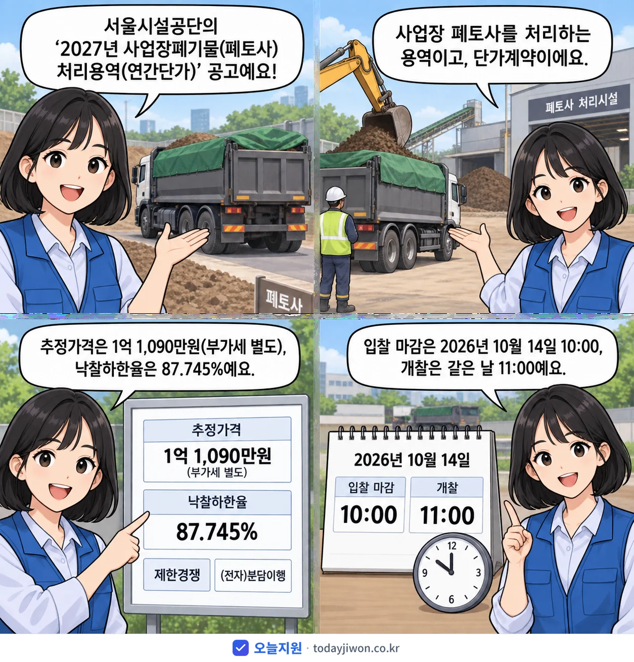 4컷 만화로 보는 공고: 서울시설공단 '사업장폐기물(폐토사) 처리용역(연간단가)', 추정가격 1억 1,090만원, 입찰 마감 10/14 10:00