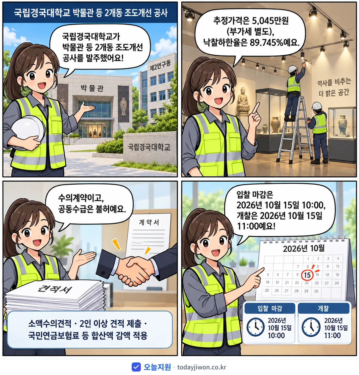 4컷 만화로 보는 공고: 국립경국대학교 '국립경국대학교 박물관 등 2개동 조도개선 공사', 추정가격 5,045만원, 입찰 마감 10/15 10:00